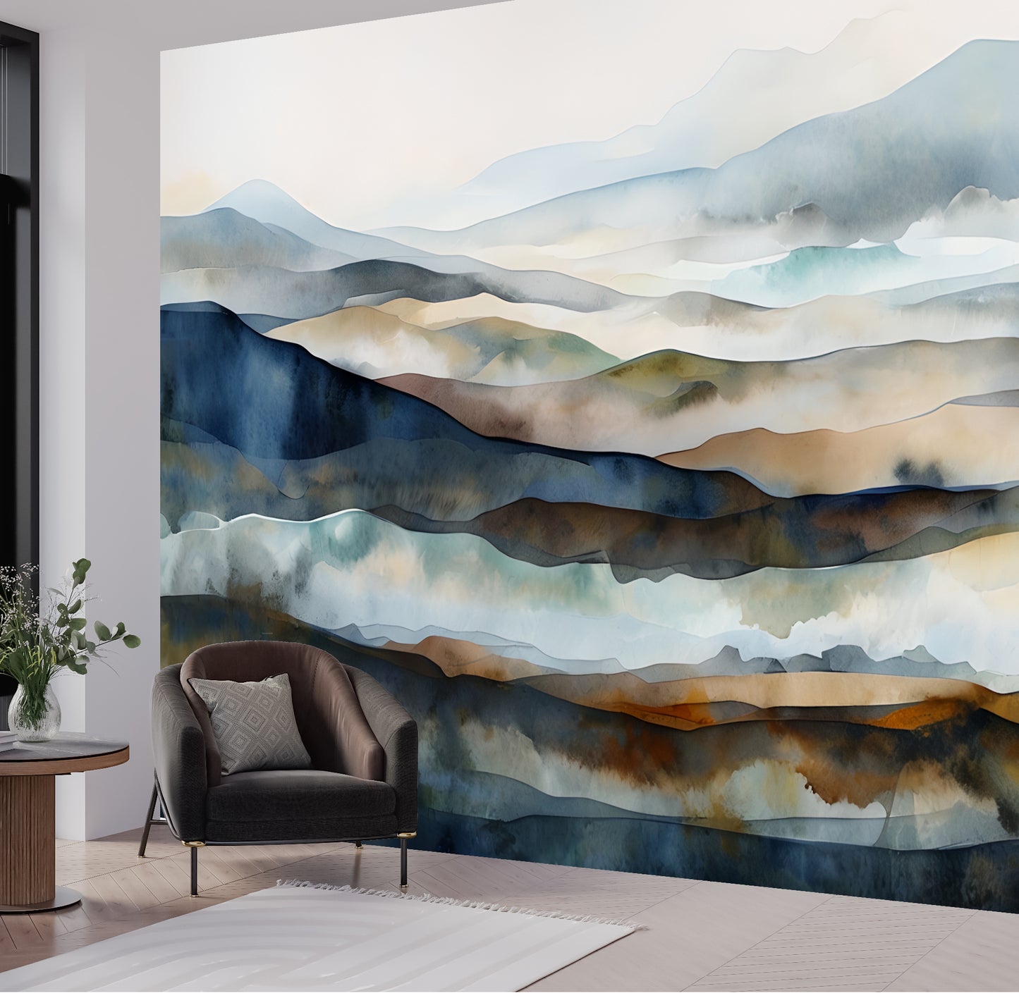 Blue Abstract Mountain Luxury Wallpaper Mural in Peel & Stick Canvas Vinyl or Non-Woven