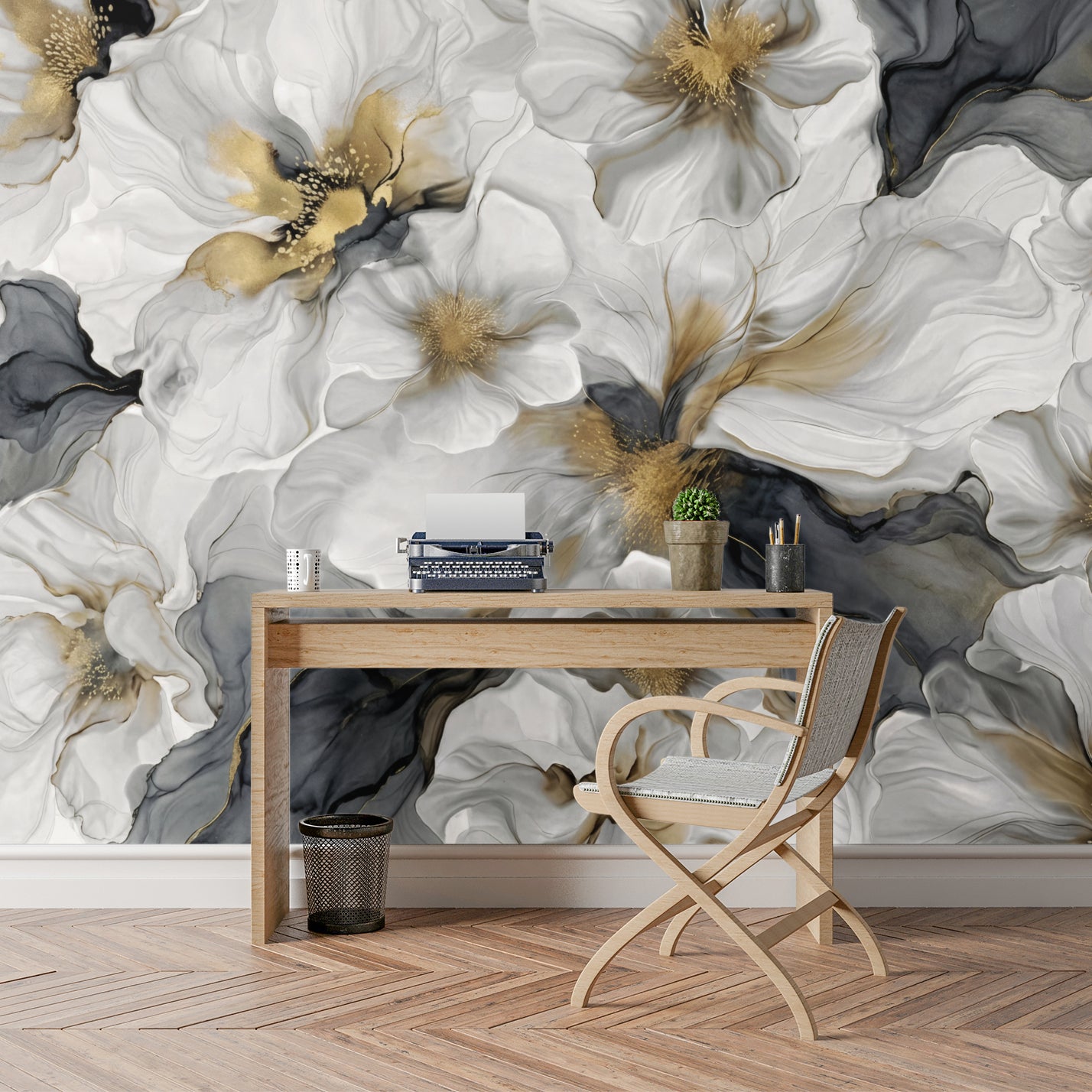 Gray and Gold Bold Floral Luxury Wallpaper Mural
