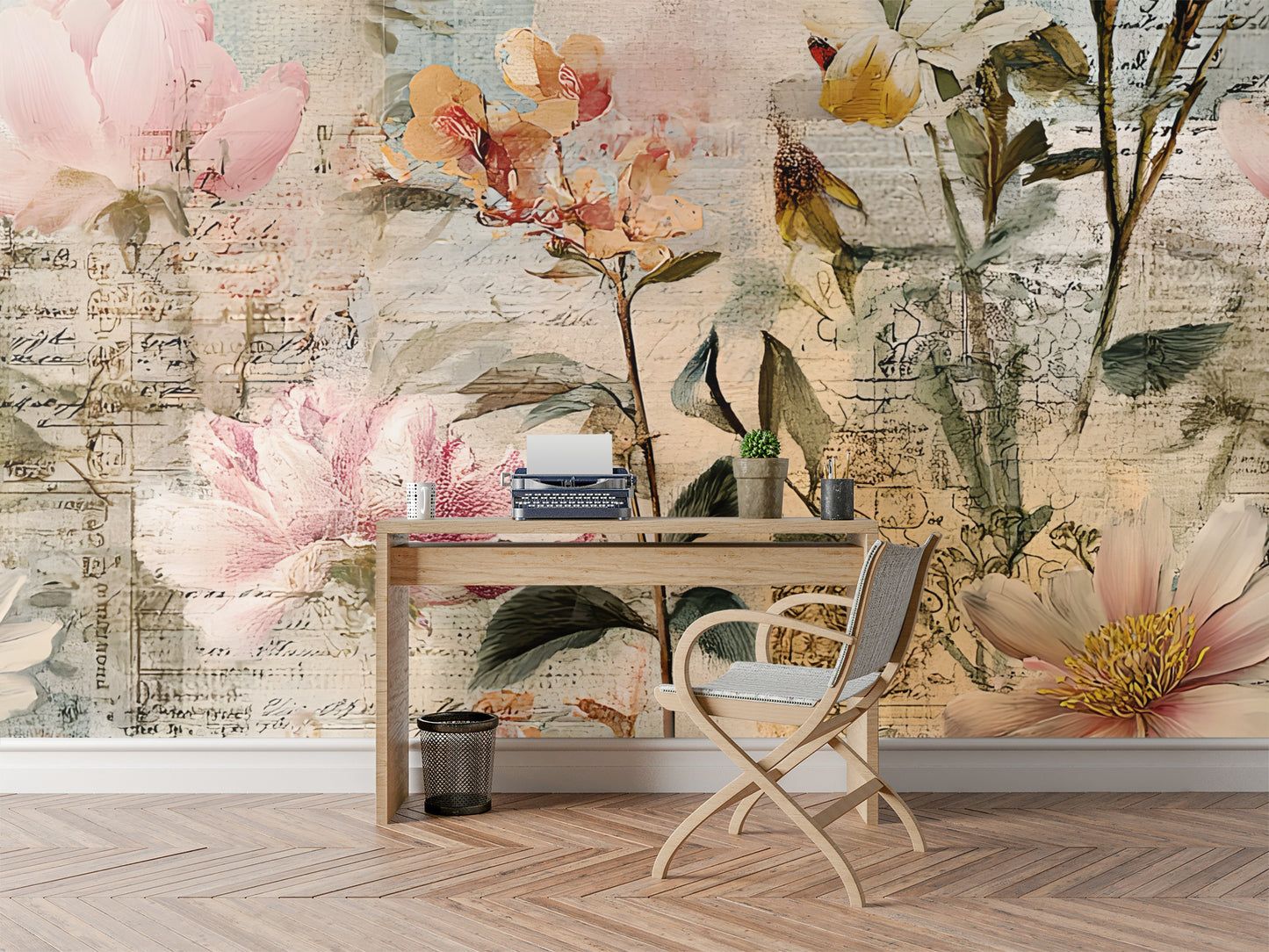 Large Scale Floral Distressed Wallpaper Mural in Peel & Stick Canvas Vinyl or Non-Woven (Copy)