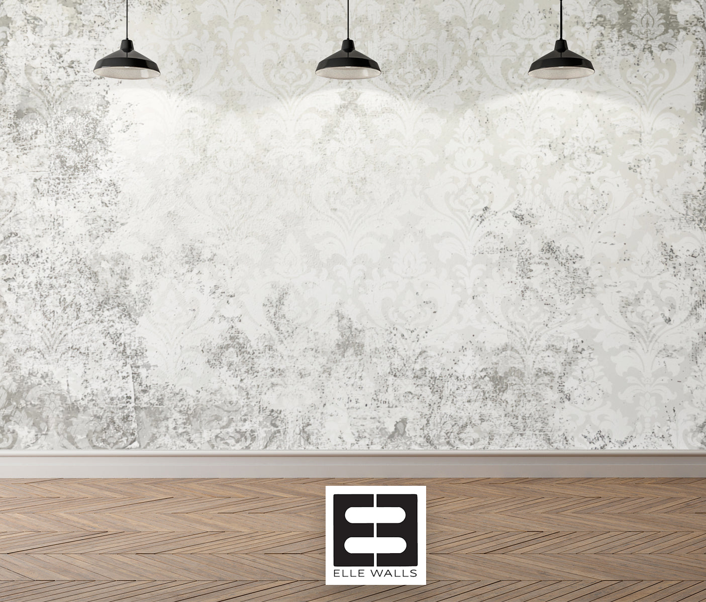 White Vintage Large Scale Damask Distressed Wallpaper Mural in Peel & Stick Canvas Vinyl or Non-Woven