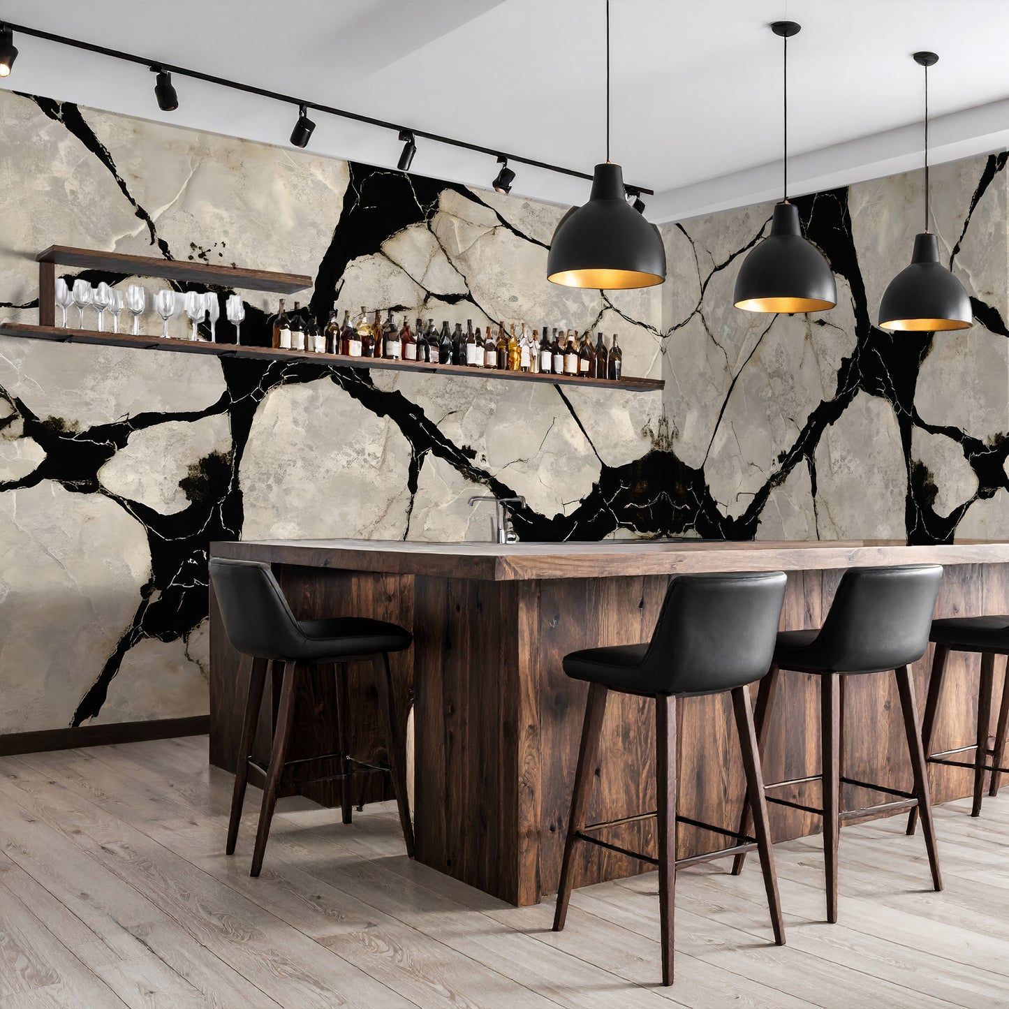 Black Marble Veins Wall Mural Modern Wallpaper in Peel & Stick Canvas Vinyl or Non-Woven