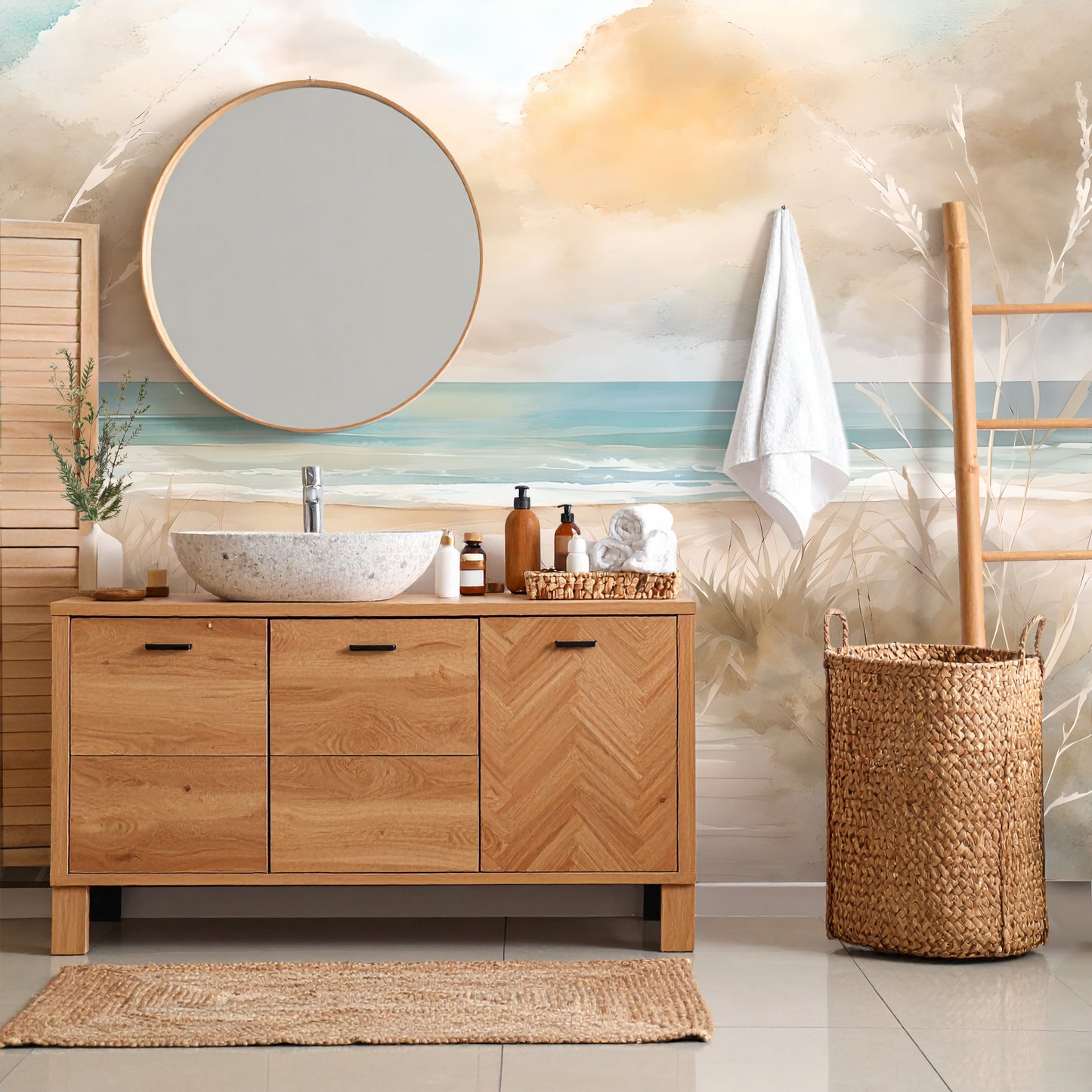 Watercolor Seagrass Wall Mural Modern Wallpaper in Peel & Stick Canvas Vinyl or Non-Woven