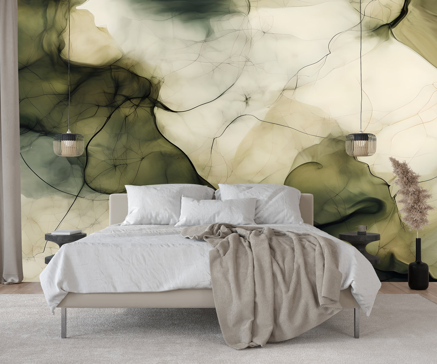 Olive Green Abstract Luxury Wallpaper Modern Fluid Wall Mural in Peel & Stick Canvas Vinyl or Non-Woven