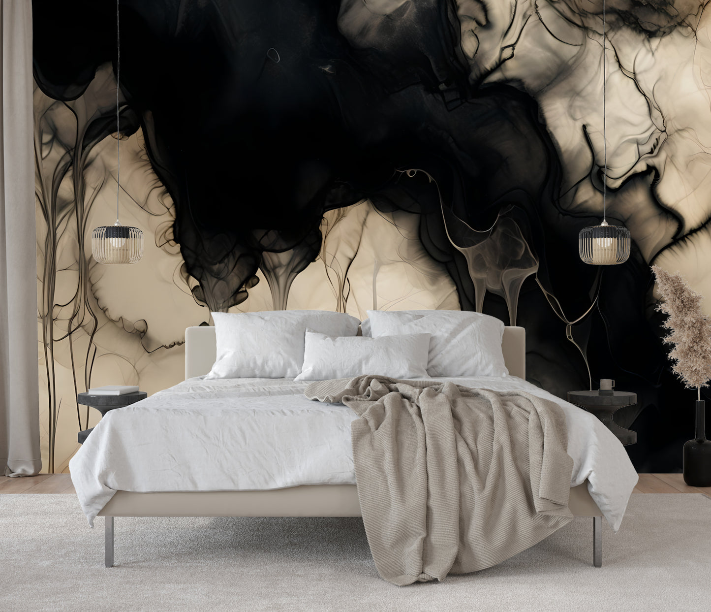Black Abstract Luxury Wallpaper Modern Fluid Wall Mural in Peel & Stick Canvas Vinyl or Non-Woven (Copy)