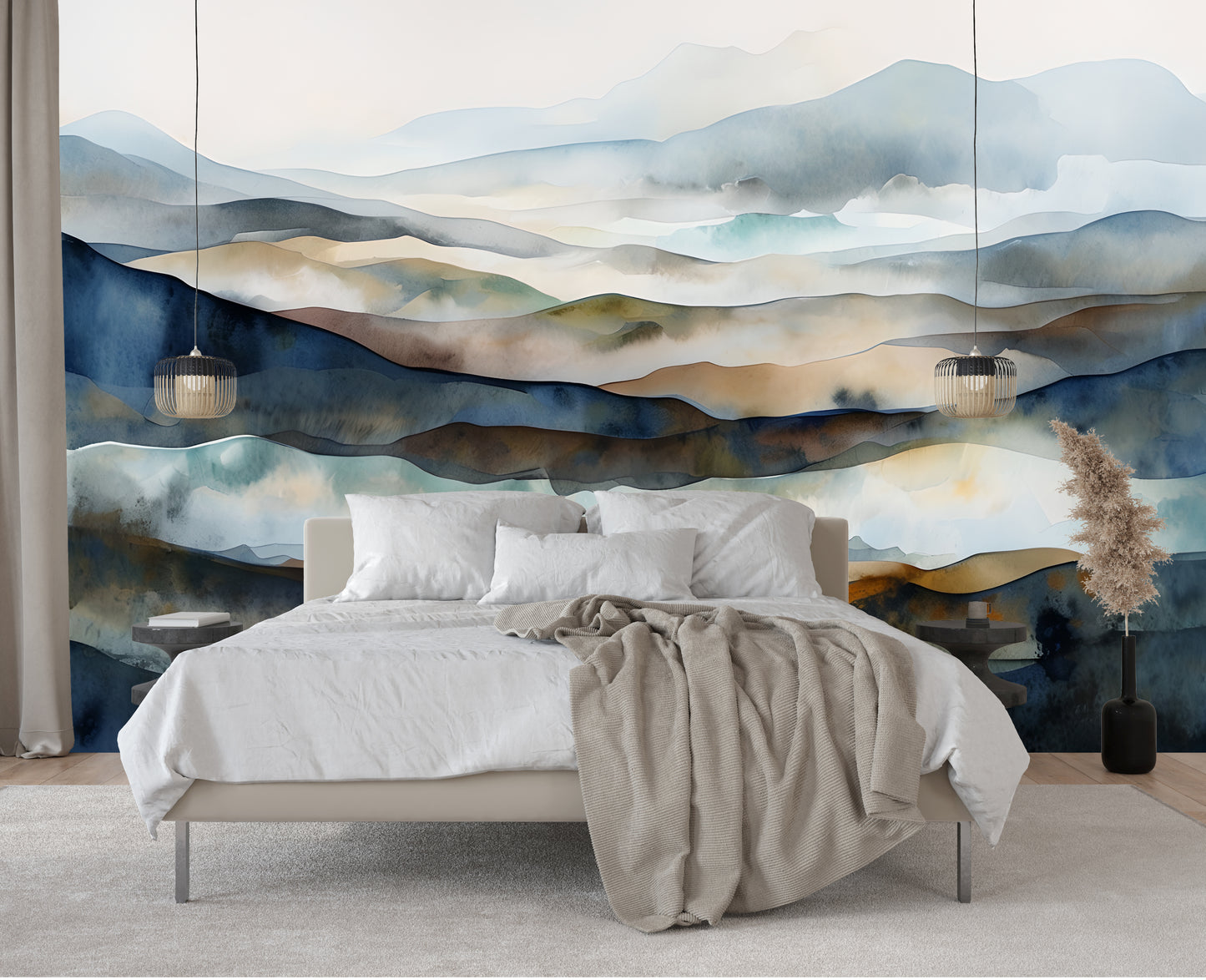 Blue Abstract Mountain Luxury Wallpaper Mural in Peel & Stick Canvas Vinyl or Non-Woven