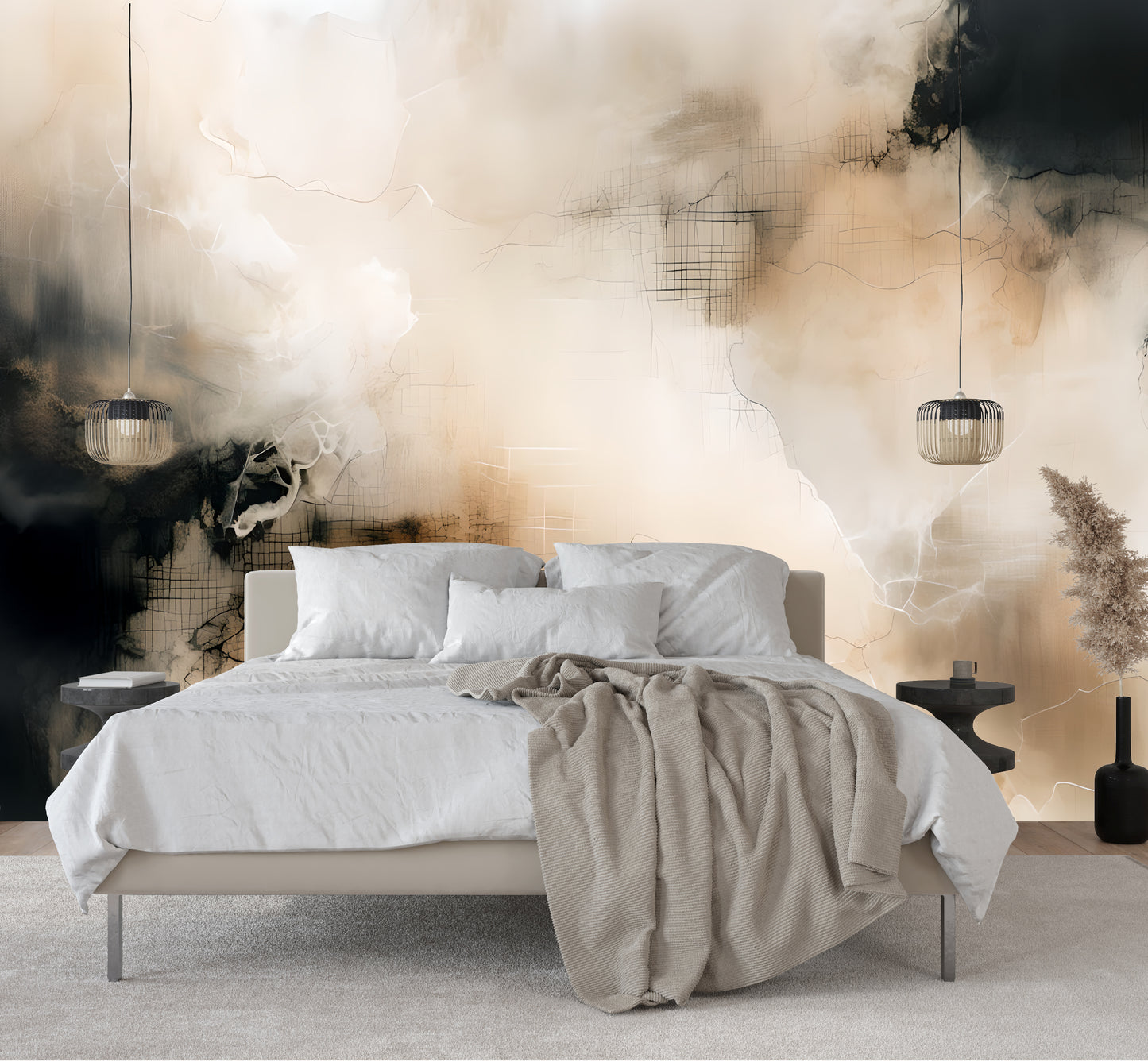 Neutral Abstract Wall Mural Modern Wallpaper in Peel & Stick Canvas Vinyl or Non-Woven