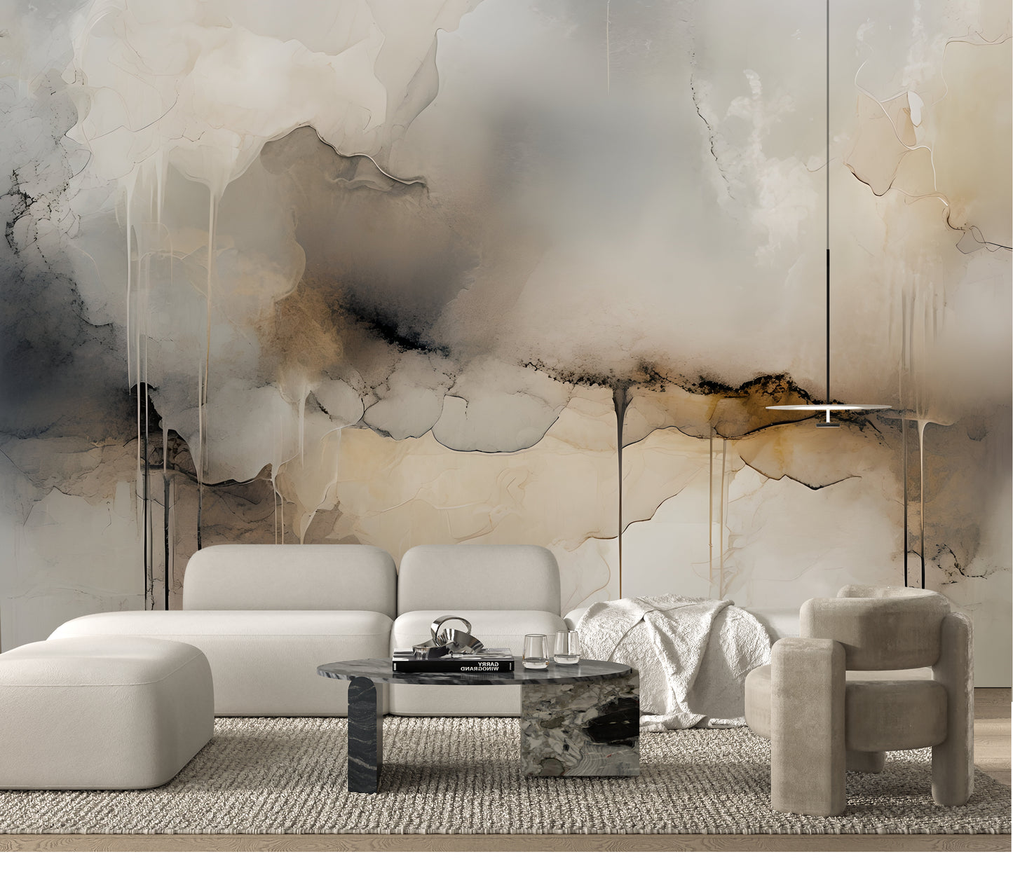 Neutral Drip Effect Abstract Wall Mural Modern Wallpaper in Peel & Stick Canvas Vinyl or Non-Woven