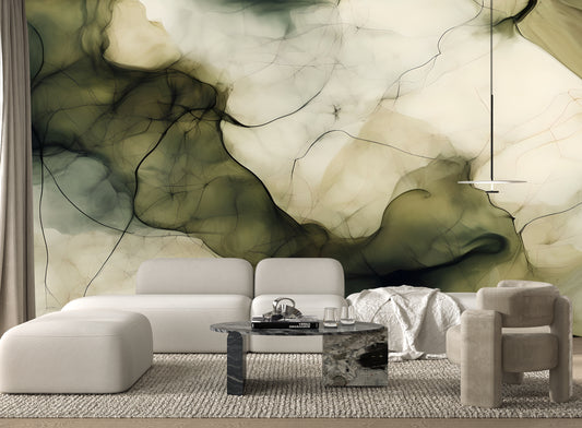 Olive Green Abstract Luxury Wallpaper Modern Fluid Wall Mural in Peel & Stick Canvas Vinyl or Non-Woven