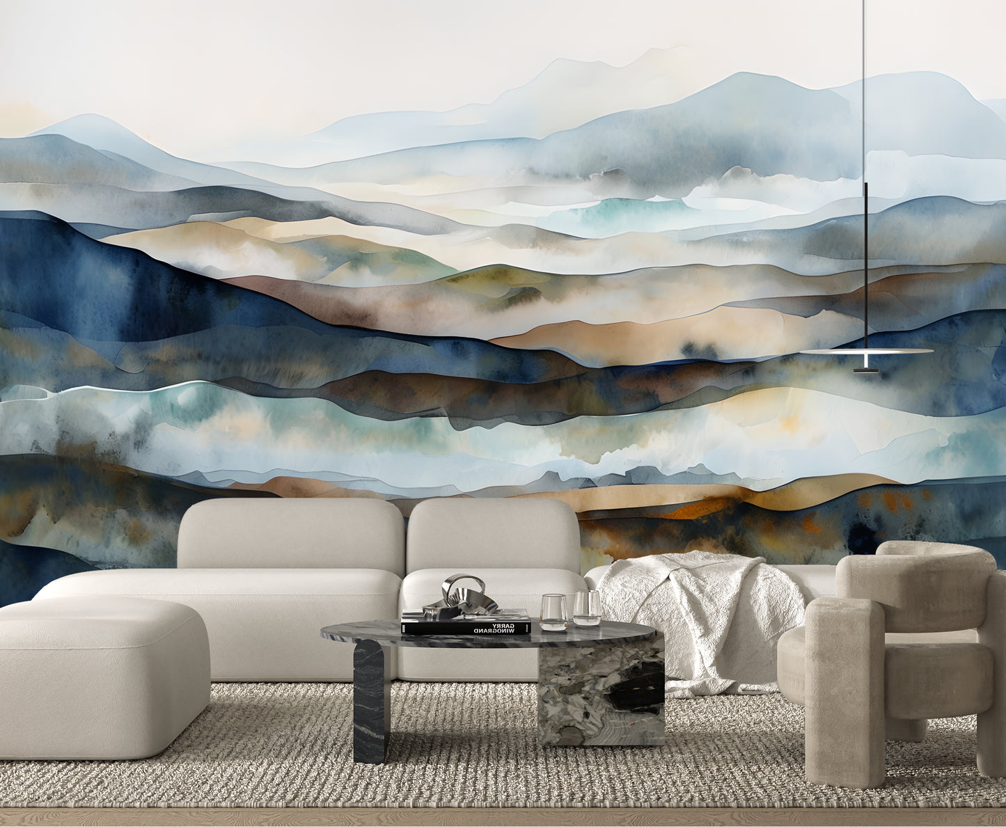 Blue Abstract Mountain Luxury Wallpaper Mural in Peel & Stick Canvas Vinyl or Non-Woven