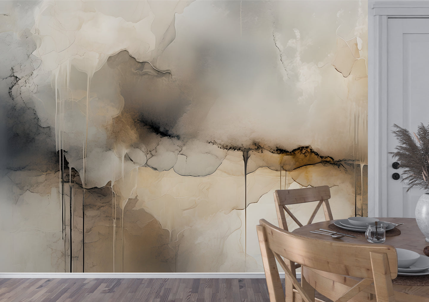 Neutral Drip Effect Abstract Wall Mural Modern Wallpaper in Peel & Stick Canvas Vinyl or Non-Woven