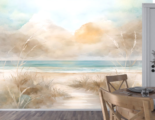 Watercolor Seagrass Wall Mural Modern Wallpaper in Peel & Stick Canvas Vinyl or Non-Woven