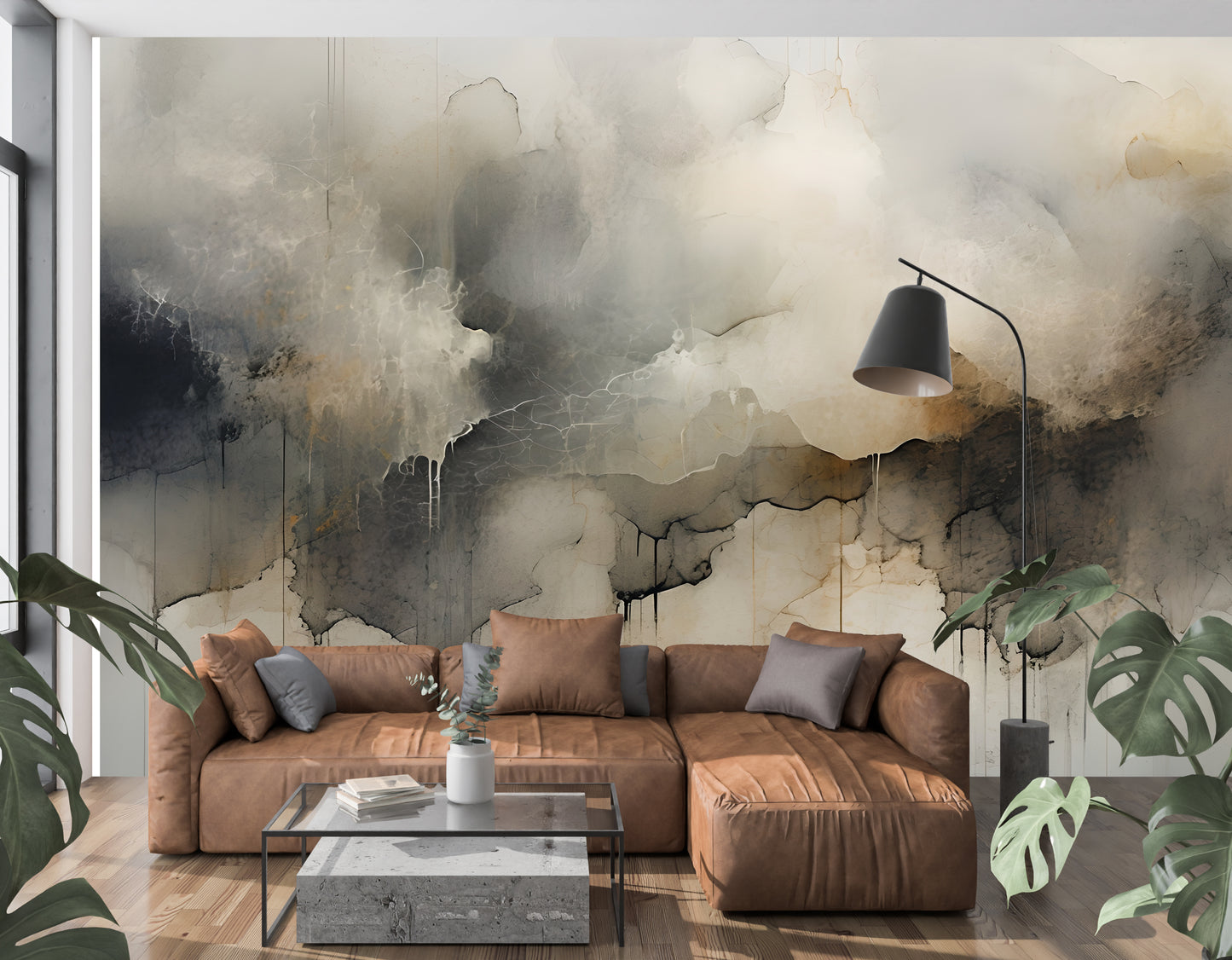 Neutral Abstract Wall Mural Modern Drip-Effect Wallpaper in Peel & Stick Canvas Vinyl or Non-Woven