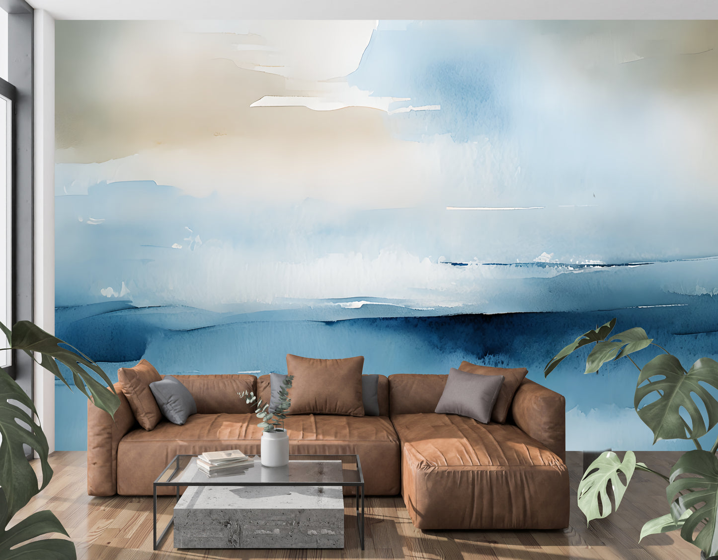 Coastal Abstract Wall Mural Modern Wallpaper in Peel & Stick Canvas Vinyl or Non-Woven