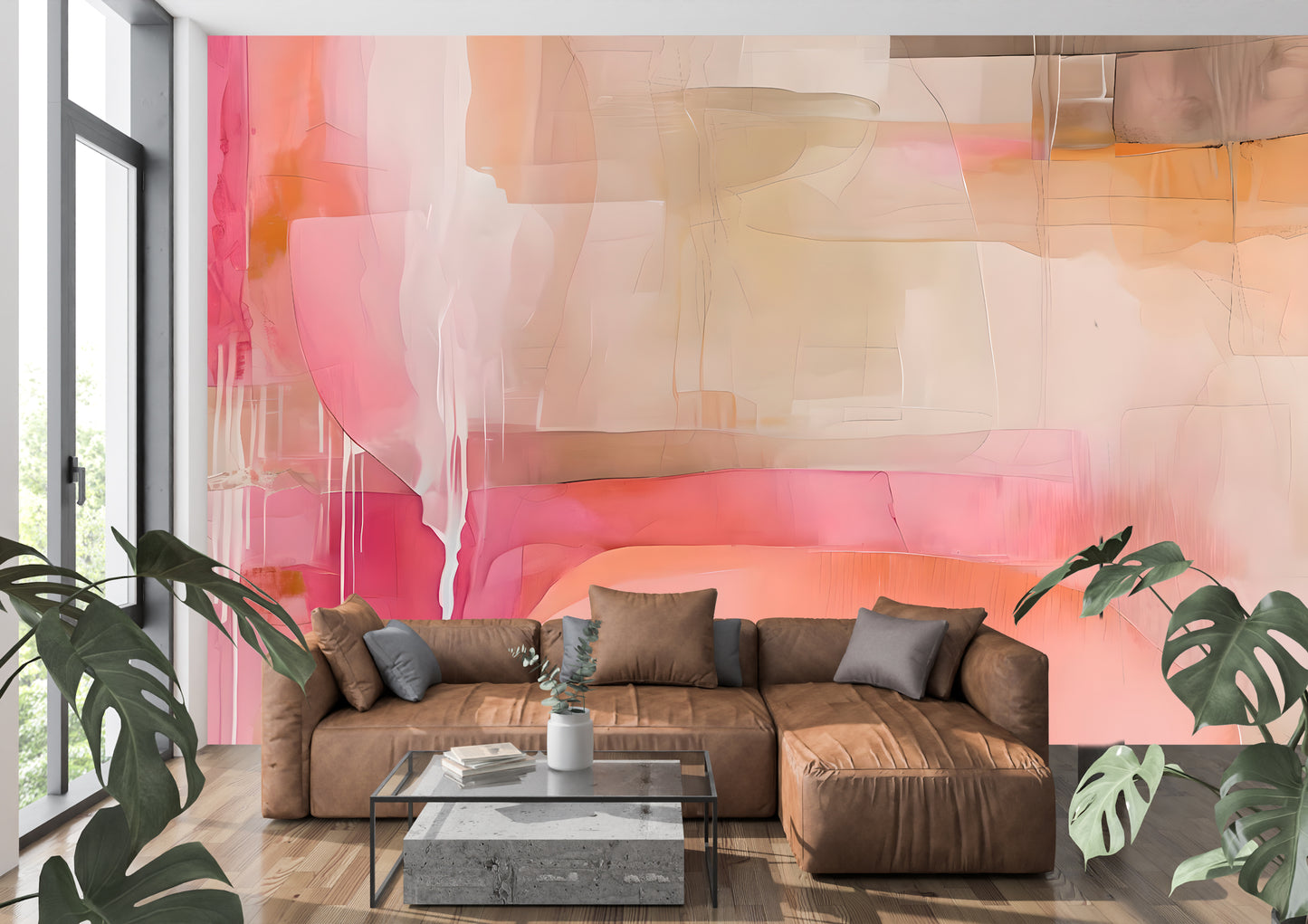 Pink and Coral Abstract Luxury Wallpaper Mural Traditional Paper or Peel and Stick