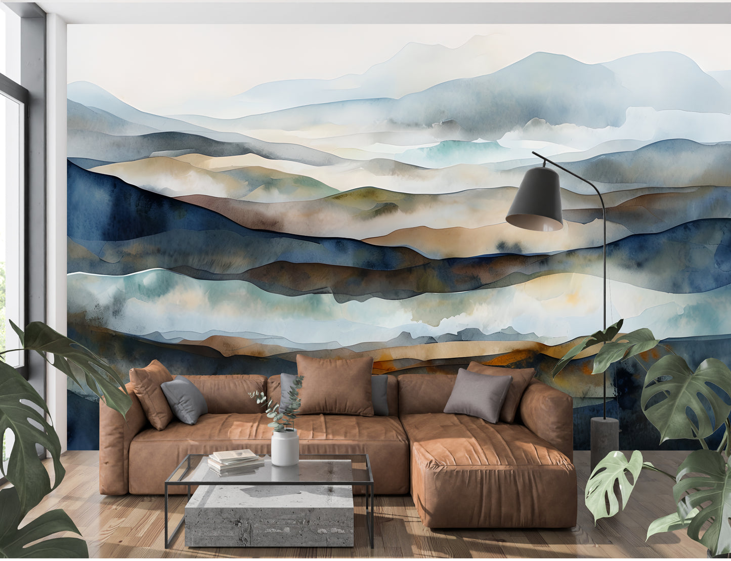 Blue Abstract Mountain Luxury Wallpaper Mural in Peel & Stick Canvas Vinyl or Non-Woven