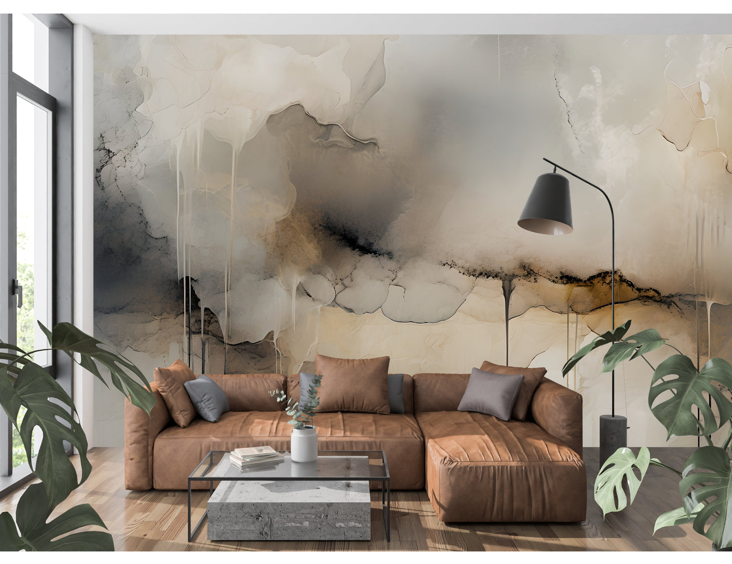 Neutral Drip Effect Abstract Wall Mural Modern Wallpaper in Peel & Stick Canvas Vinyl or Non-Woven