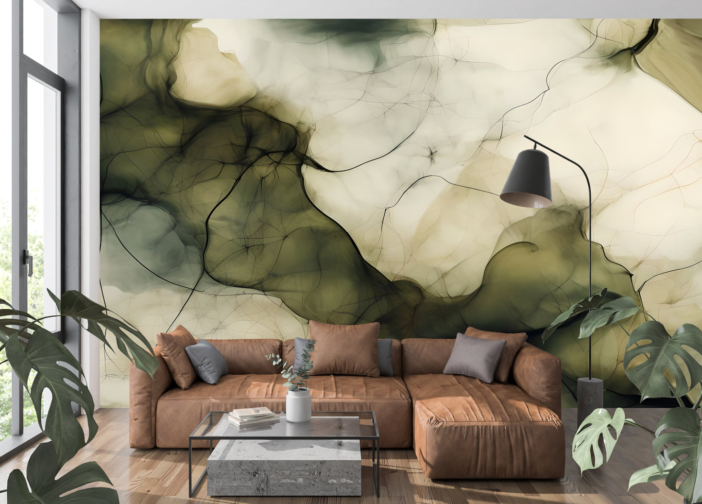 Olive Green Abstract Luxury Wallpaper Modern Fluid Wall Mural in Peel & Stick Canvas Vinyl or Non-Woven