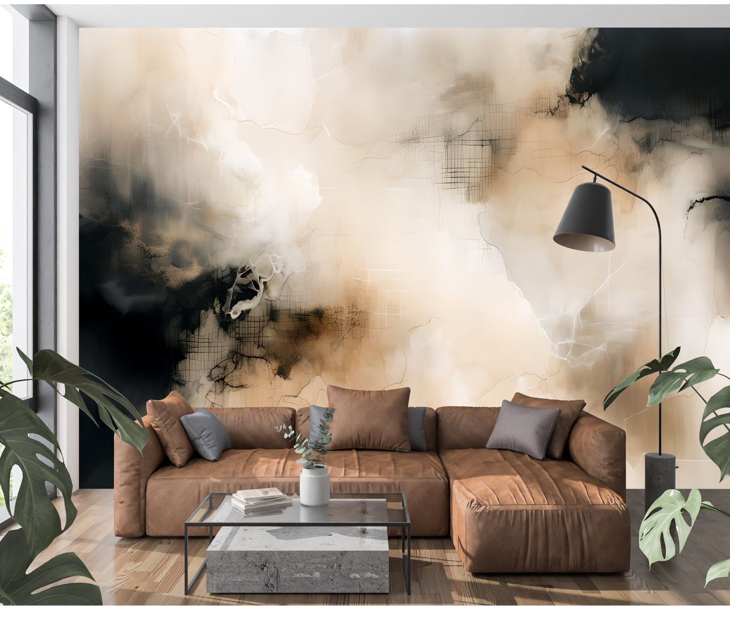 Neutral Abstract Wall Mural Modern Wallpaper in Peel & Stick Canvas Vinyl or Non-Woven