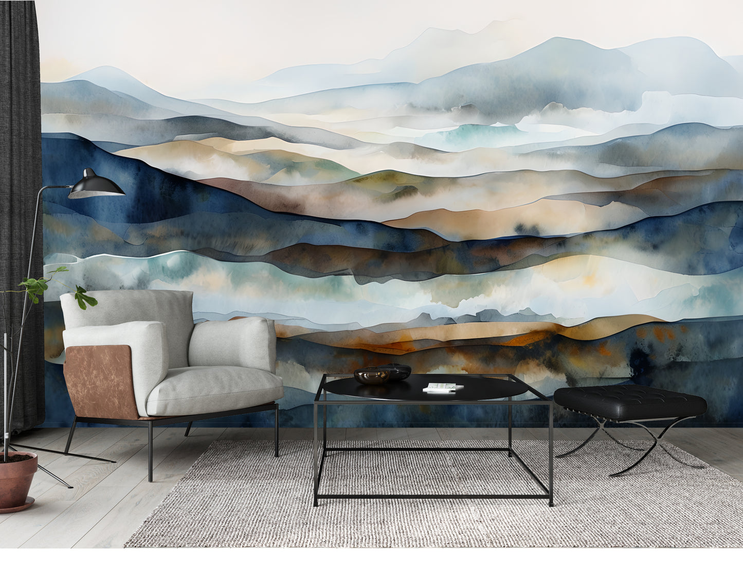 Blue Abstract Mountain Luxury Wallpaper Mural in Peel & Stick Canvas Vinyl or Non-Woven