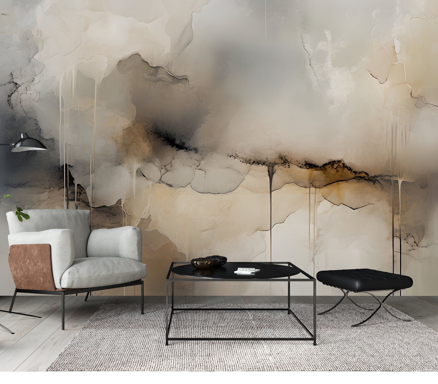 Neutral Drip Effect Abstract Wall Mural Modern Wallpaper in Peel & Stick Canvas Vinyl or Non-Woven