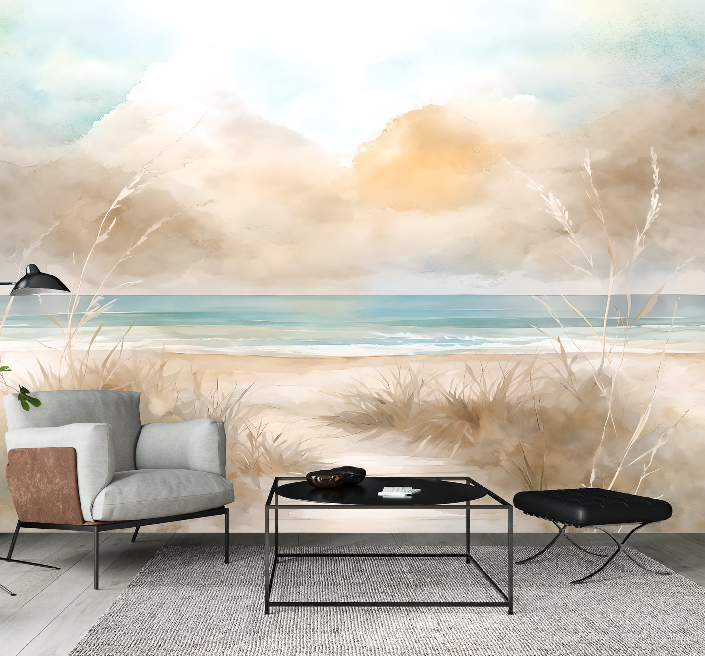Watercolor Seagrass Wall Mural Modern Wallpaper in Peel & Stick Canvas Vinyl or Non-Woven