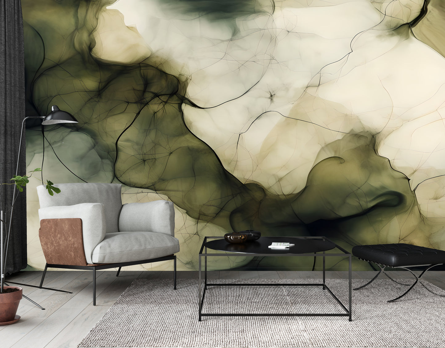 Olive Green Abstract Luxury Wallpaper Modern Fluid Wall Mural in Peel & Stick Canvas Vinyl or Non-Woven