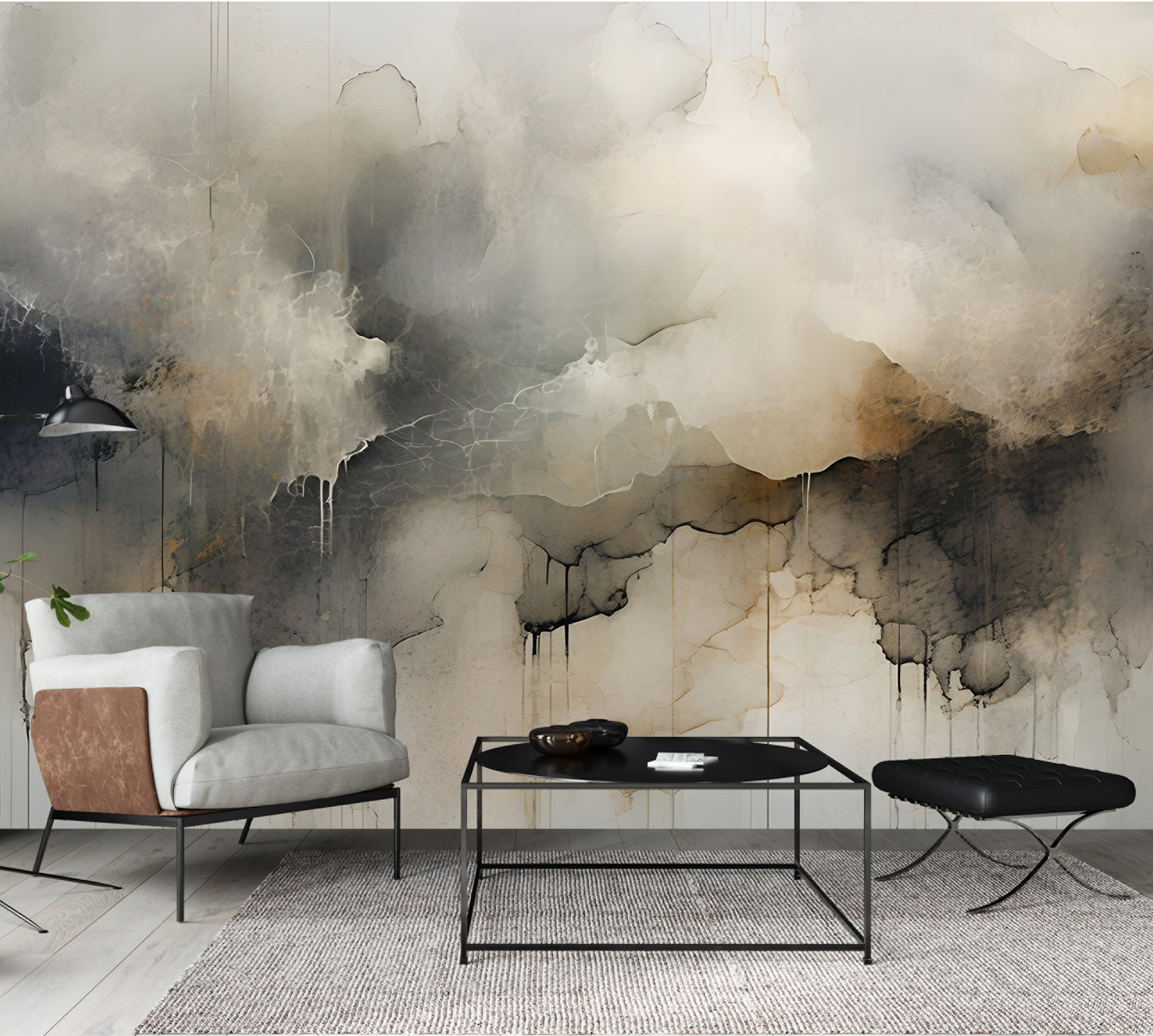 Neutral Abstract Wall Mural Modern Drip-Effect Wallpaper in Peel & Stick Canvas Vinyl or Non-Woven