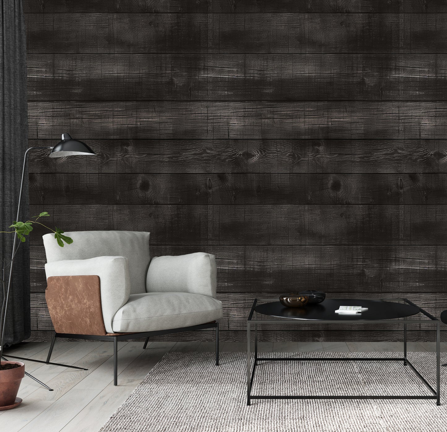 Black Wood Wall Wallpaper Mural in Peel & Stick Canvas Vinyl or Non-Woven