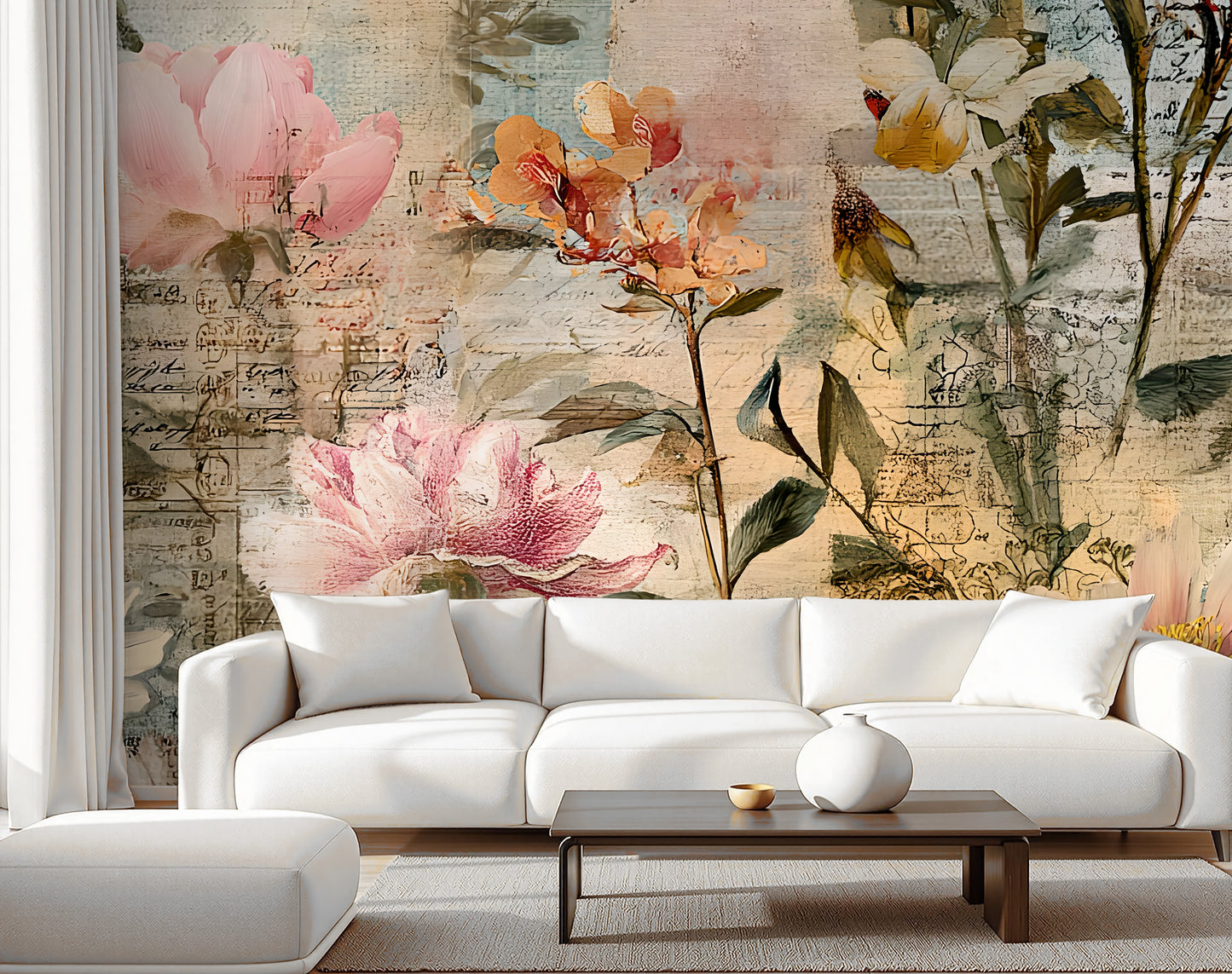 Large Scale Floral Distressed Wallpaper Mural in Peel & Stick Canvas Vinyl or Non-Woven (Copy)