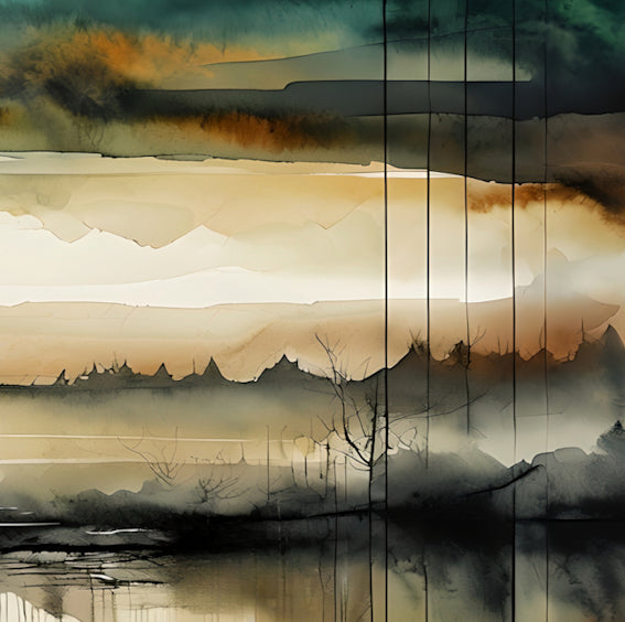 THE GREAT VALLEY -Extra Large Textured Canvas Painting – Limited Edition Abstract Landscape with Distant Tree Outlines in Teal, Gray, White, Beige & Black