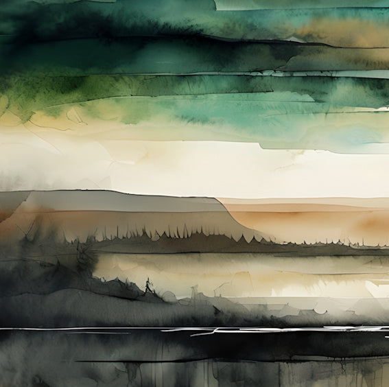 THE GREAT VALLEY -Extra Large Textured Canvas Painting – Limited Edition Abstract Landscape with Distant Tree Outlines in Teal, Gray, White, Beige & Black
