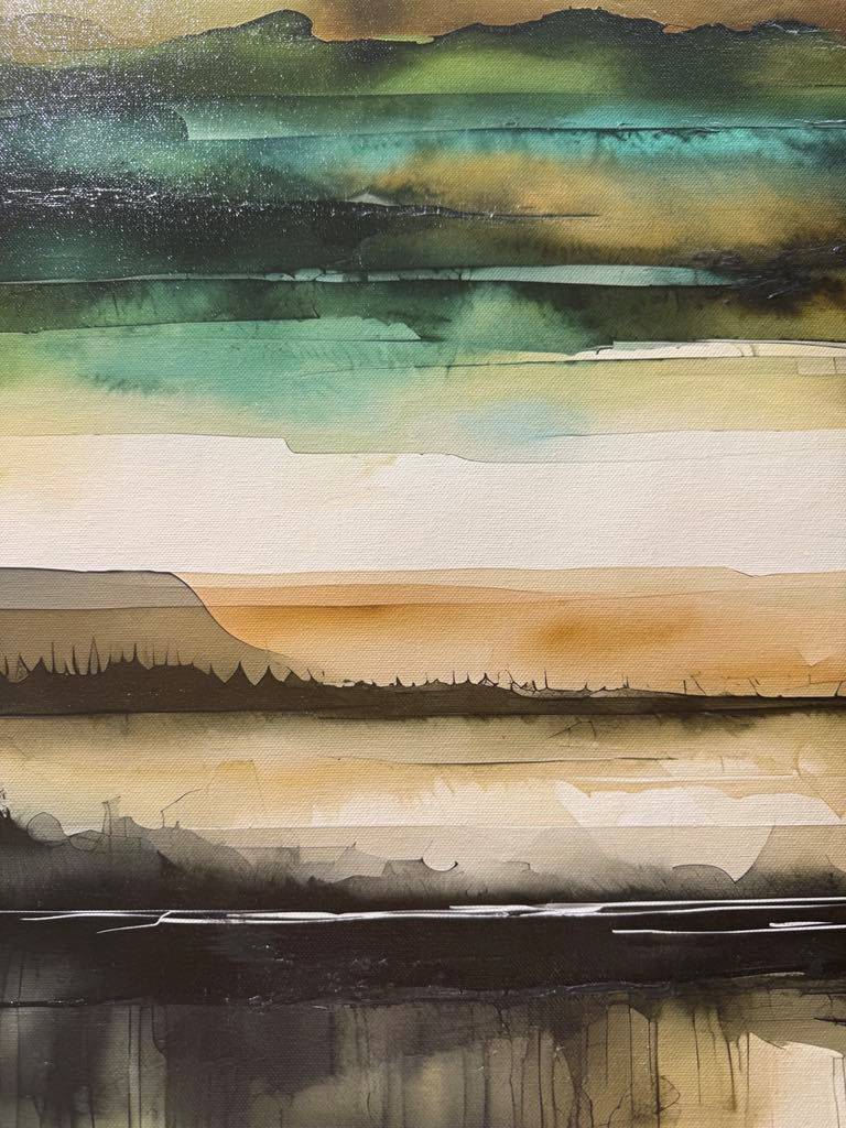 THE GREAT VALLEY -Extra Large Textured Canvas Painting – Limited Edition Abstract Landscape with Distant Tree Outlines in Teal, Gray, White, Beige & Black
