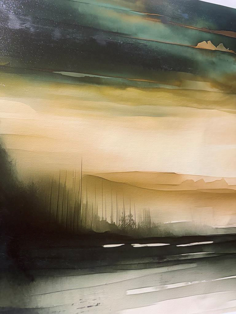 GREEN VALLEY -Extra Large Textured Canvas Painting – Limited Edition Abstract Landscape with Distant Tree Outlines. Ready to hang.