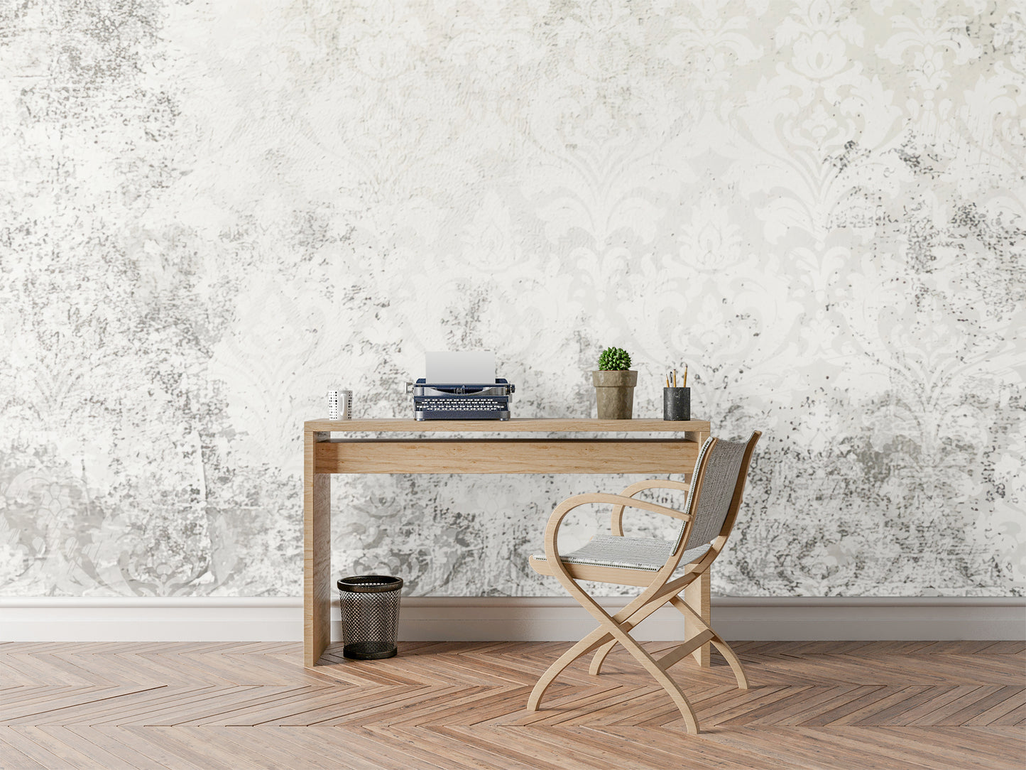 White Vintage Large Scale Damask Distressed Wallpaper Mural in Peel & Stick Canvas Vinyl or Non-Woven