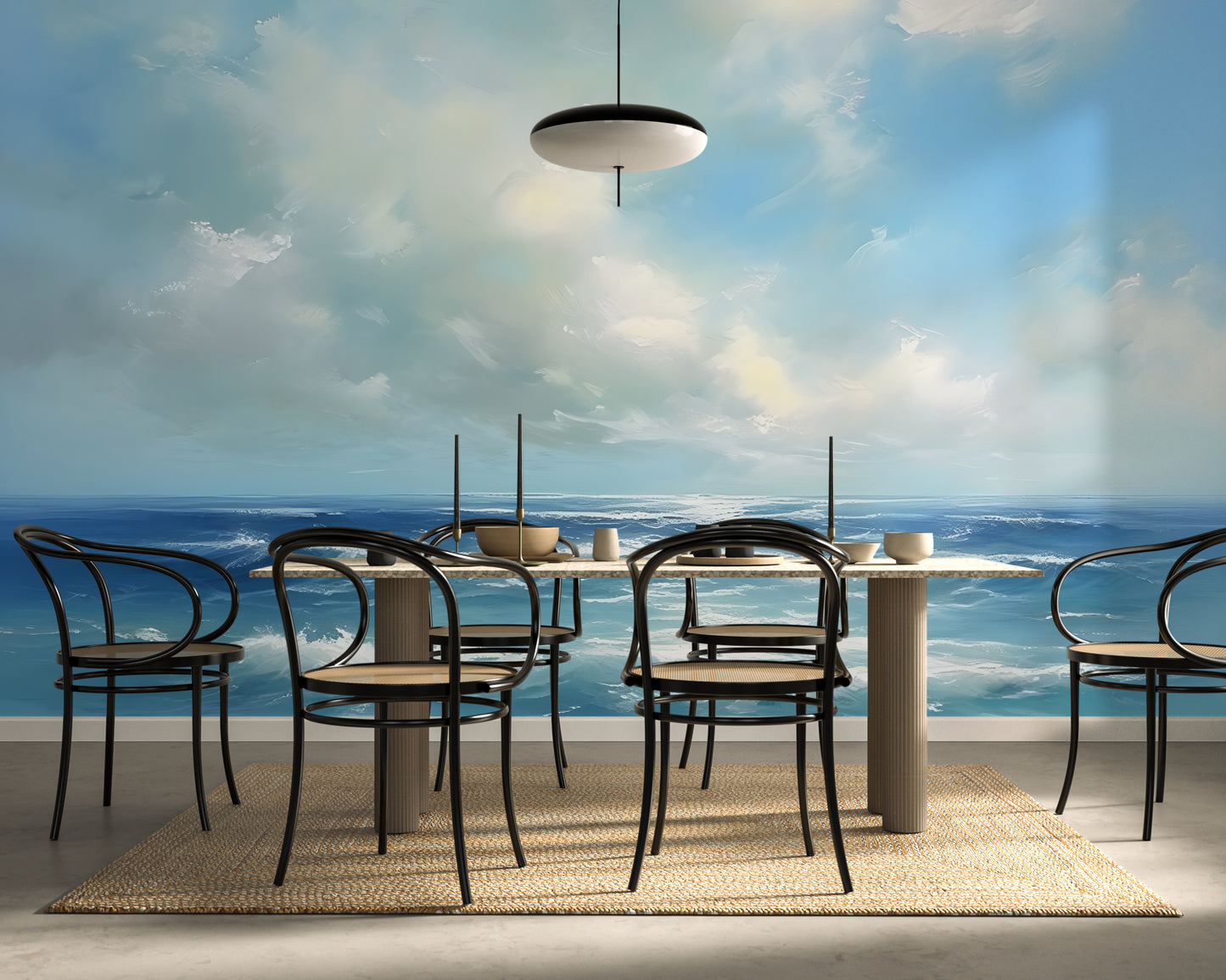 Soft Ocean Blue with Clouds Wallpaper Mural in Peel & Stick Canvas Vinyl or Non-Woven