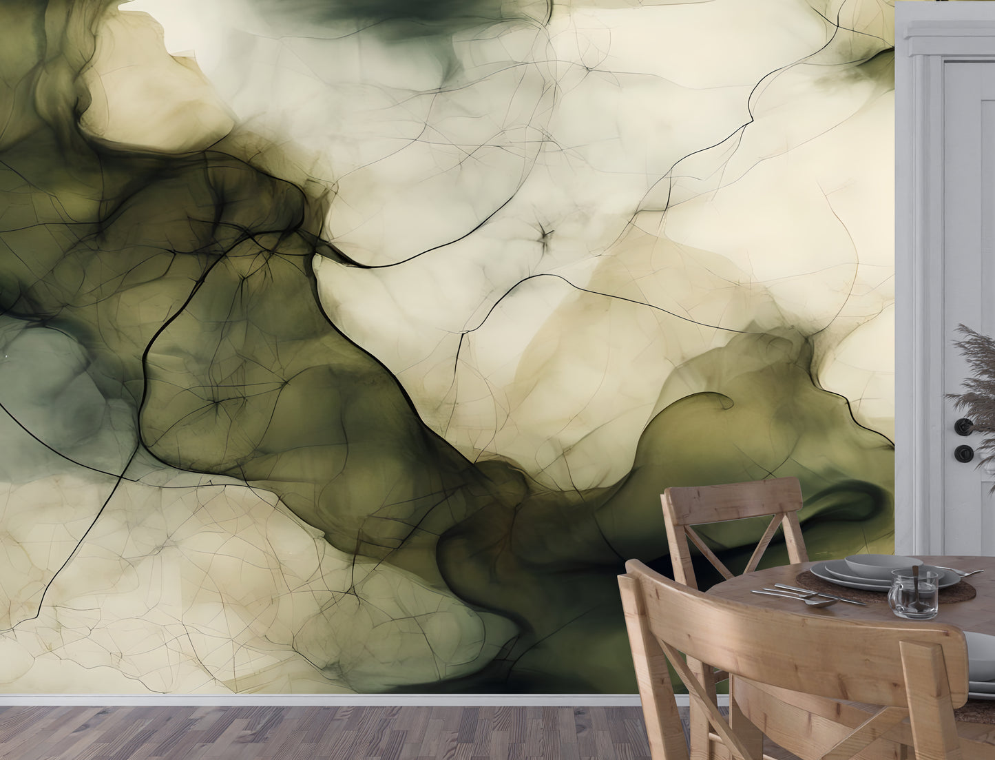 Olive Green Abstract Luxury Wallpaper Modern Fluid Wall Mural in Peel & Stick Canvas Vinyl or Non-Woven