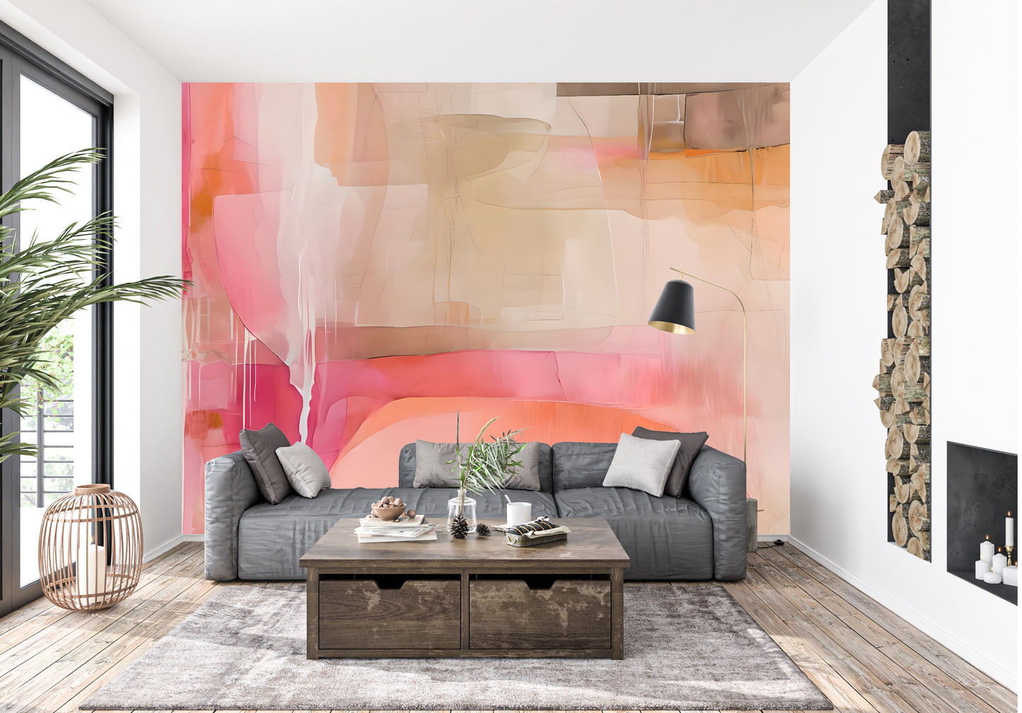 Pink and Coral Abstract Luxury Wallpaper Mural Traditional Paper or Peel and Stick