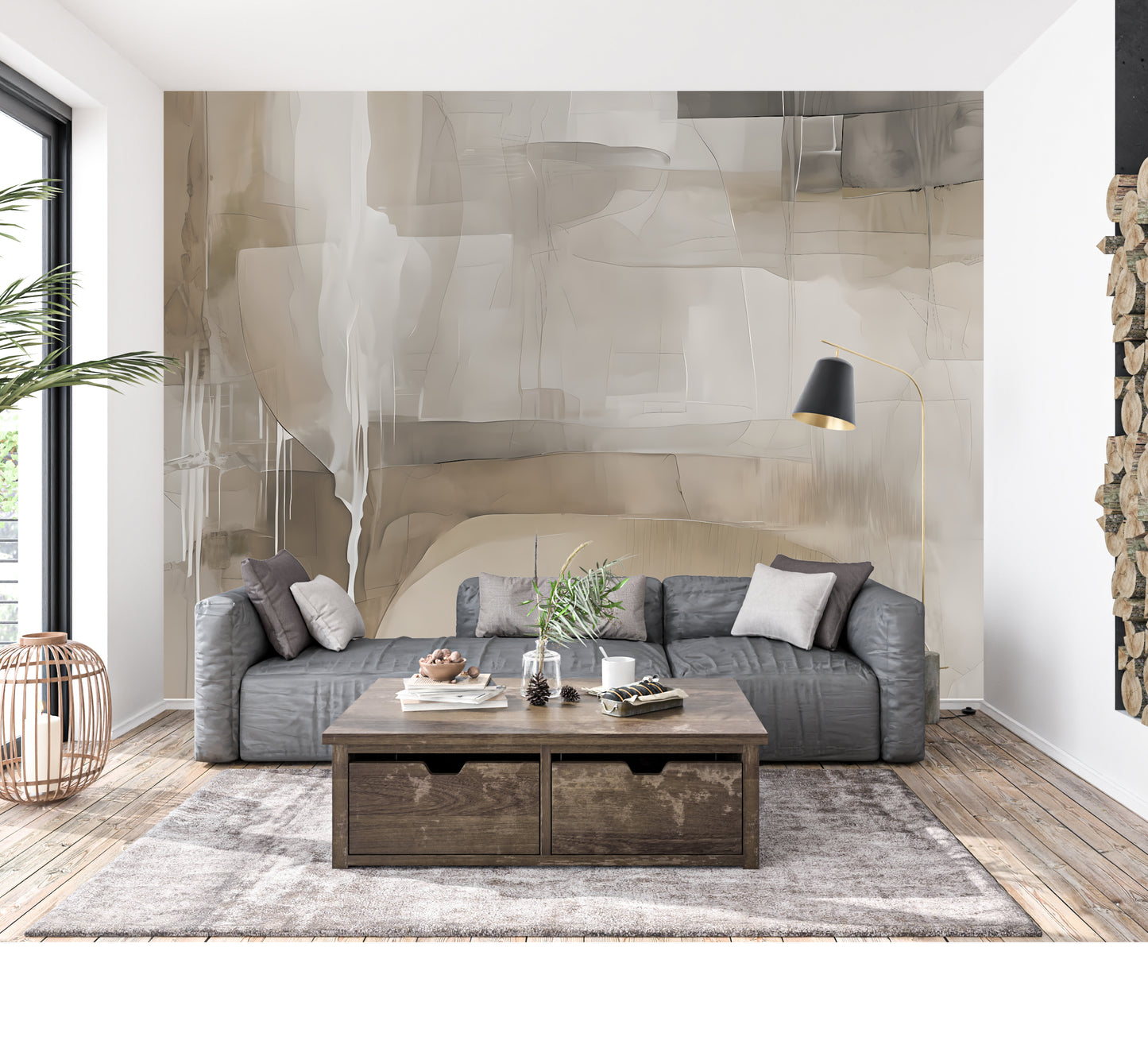 Neutral Drip Effect Abstract Wall Mural Modern Wallpaper in Peel & Stick Canvas Vinyl or Non-Woven