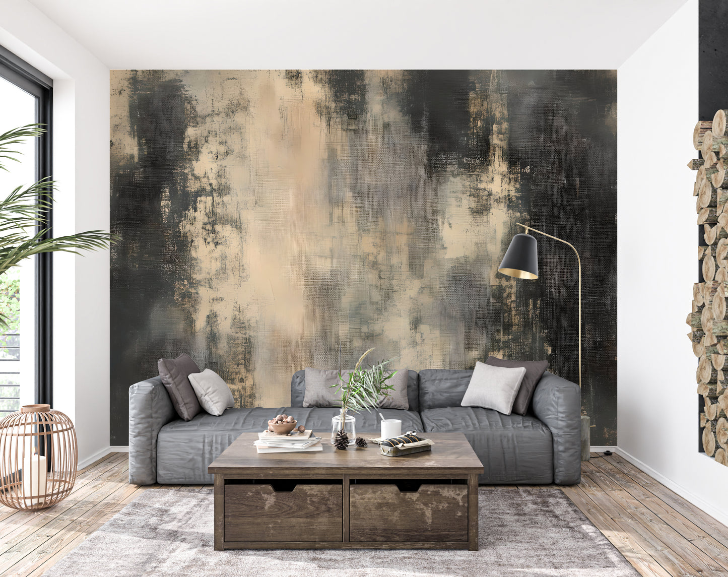 Distressed Linen Abstract Wall Mural Modern Wallpaper in Peel & Stick Canvas Vinyl or Non-Woven