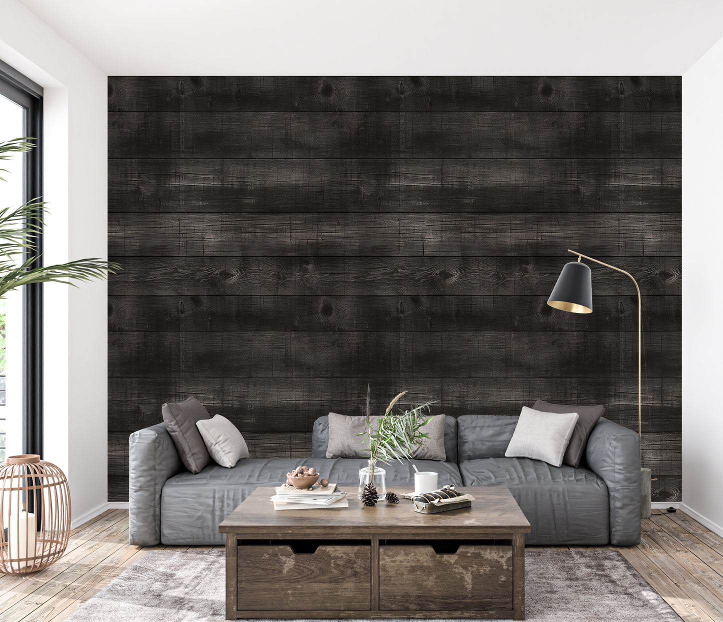 Black Wood Wall Wallpaper Mural in Peel & Stick Canvas Vinyl or Non-Woven