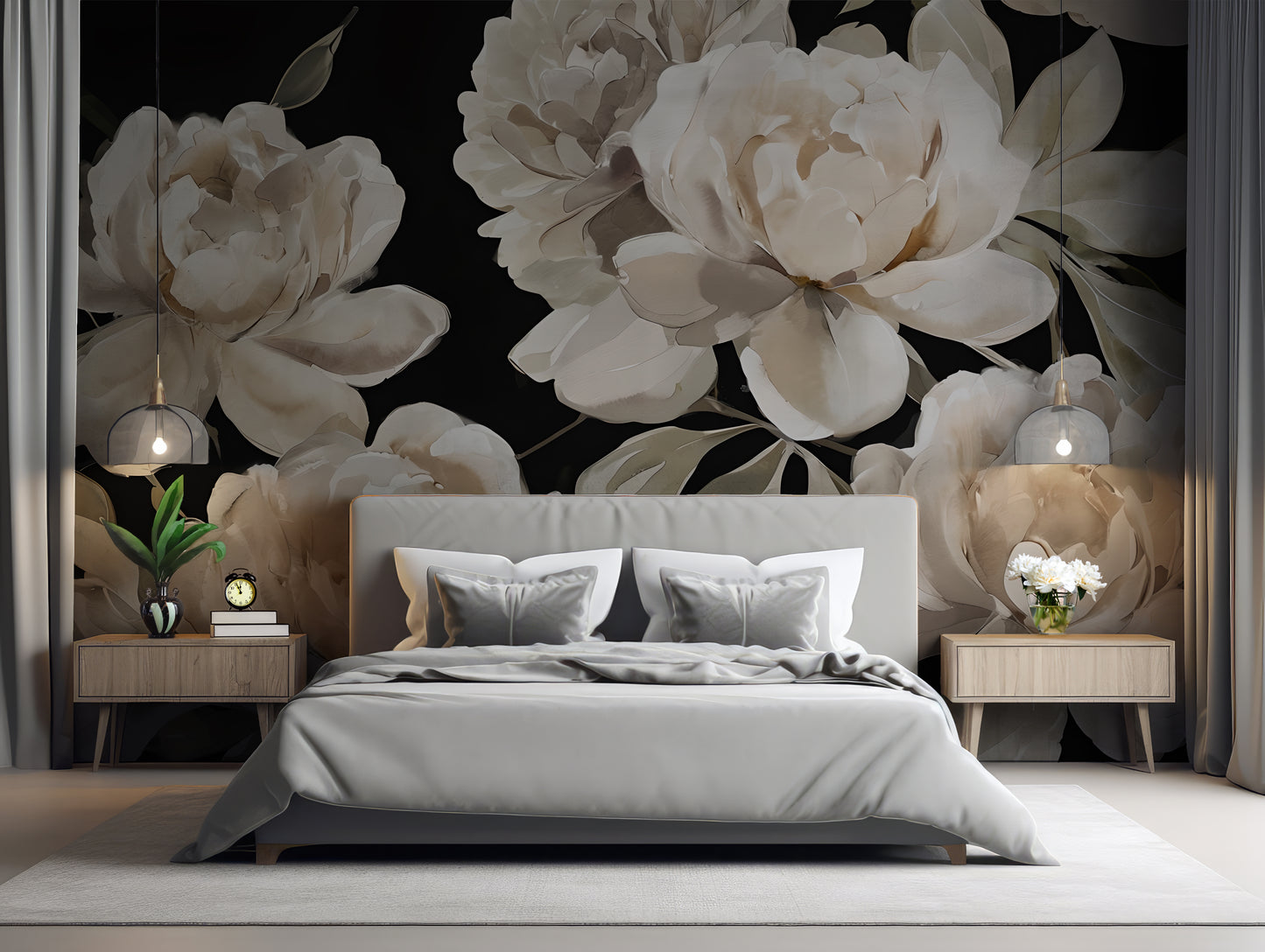 Painted Peony Wallpaper Mural in Peel & Stick Canvas Vinyl or Non-Woven