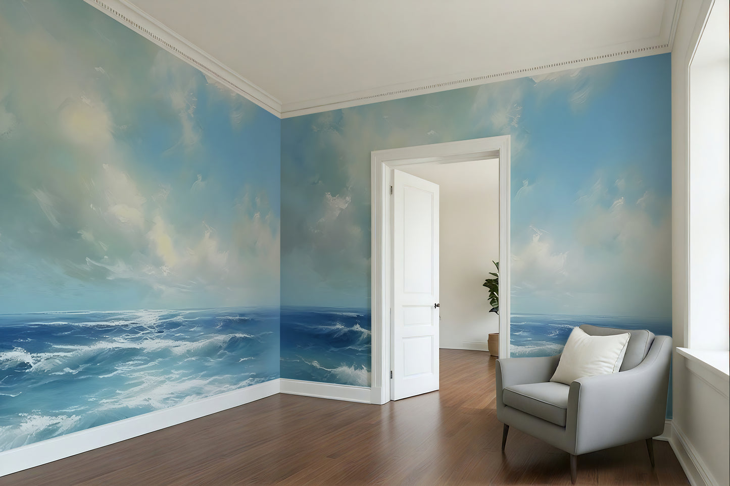Soft Ocean Blue with Clouds Wallpaper Mural in Peel & Stick Canvas Vinyl or Non-Woven