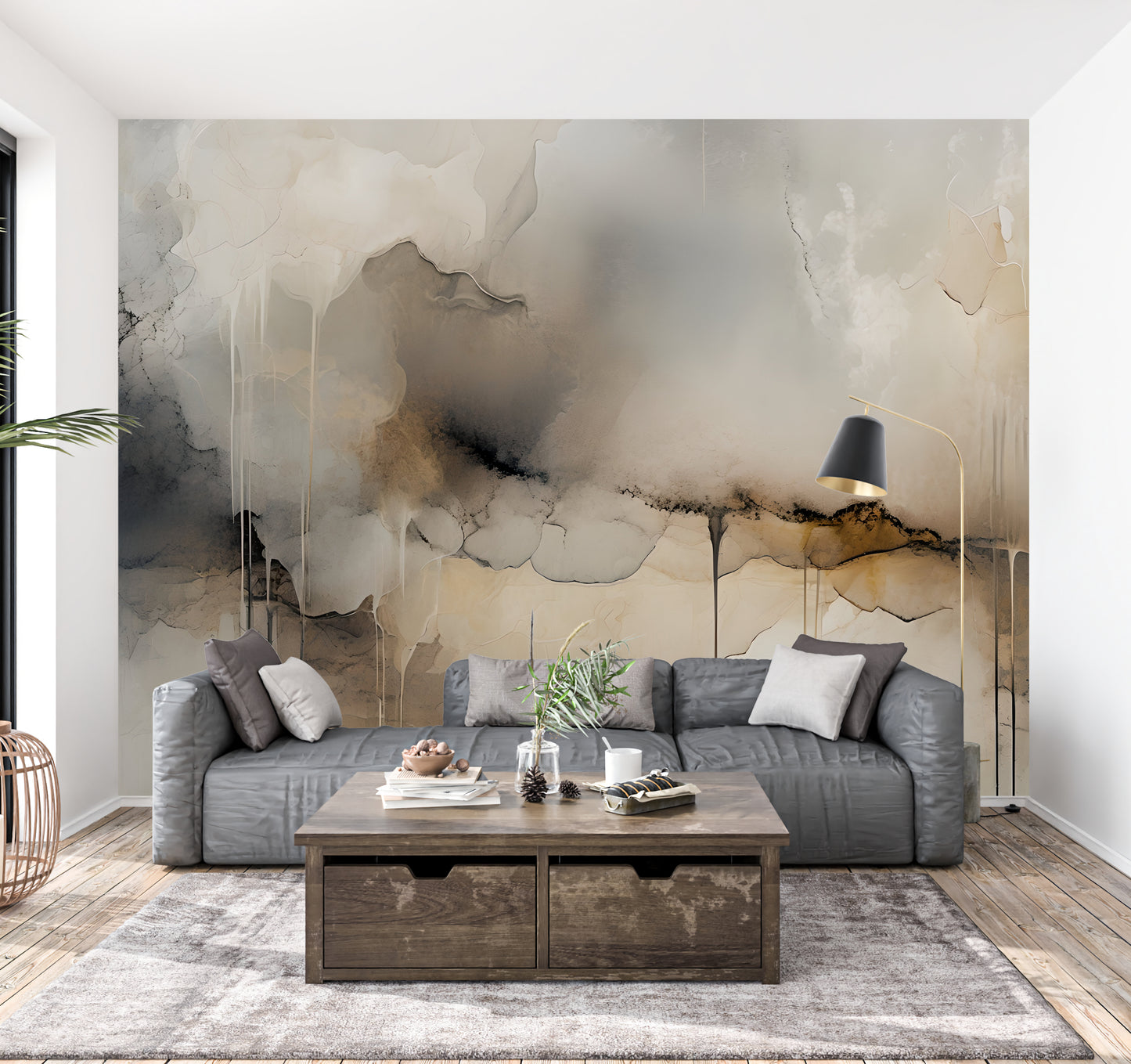 Neutral Drip Effect Abstract Wall Mural Modern Wallpaper in Peel & Stick Canvas Vinyl or Non-Woven