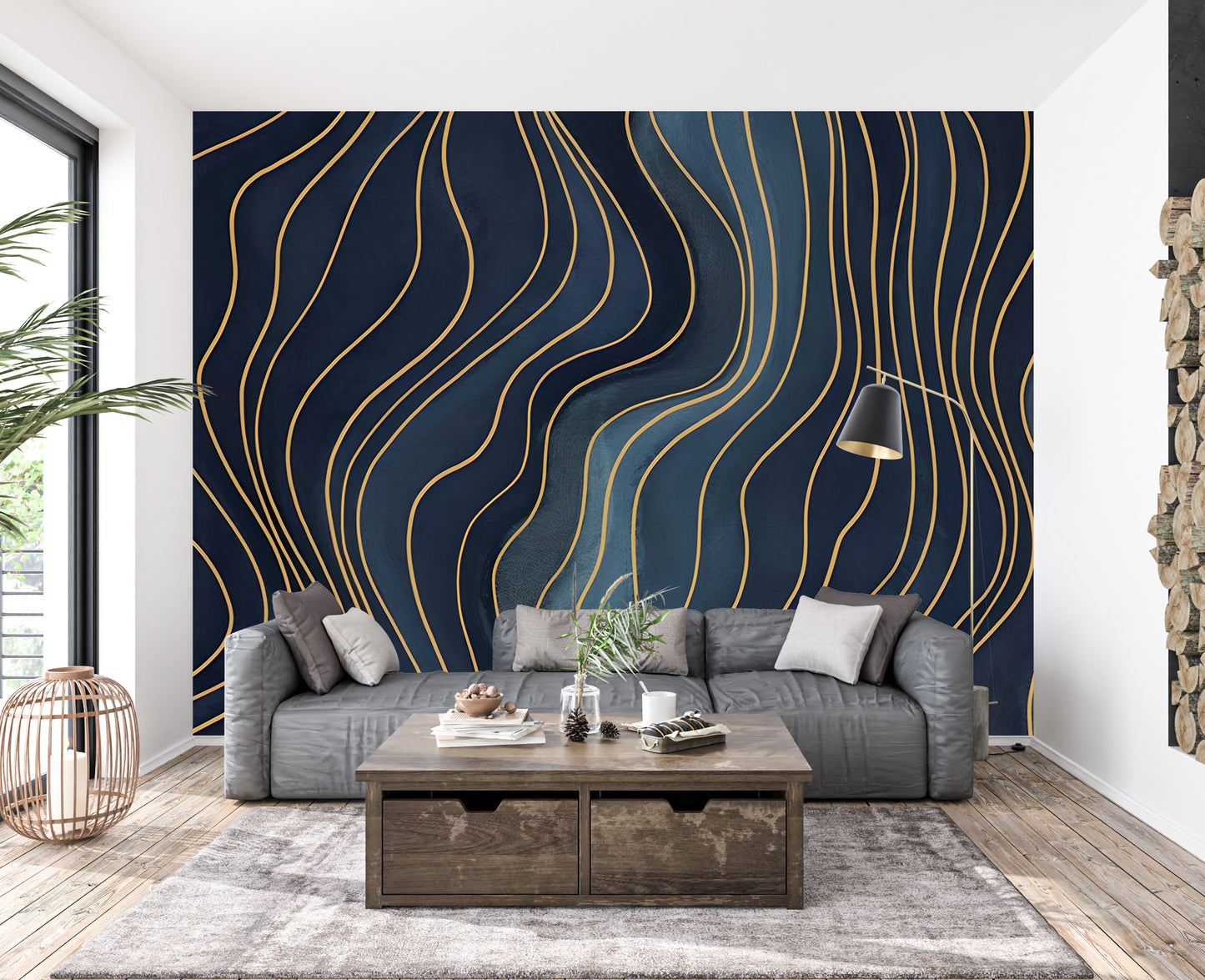 Blue Abstract Wall Wallpaper Mural in Peel & Stick Canvas Vinyl or Non-Woven