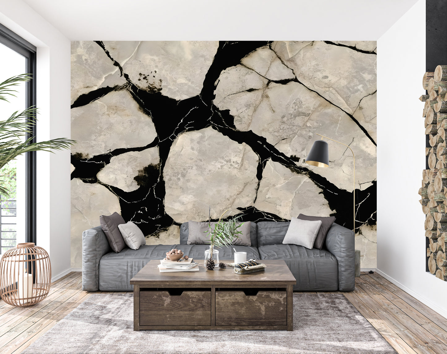 Black Marble Veins Wall Mural Modern Wallpaper in Peel & Stick Canvas Vinyl or Non-Woven