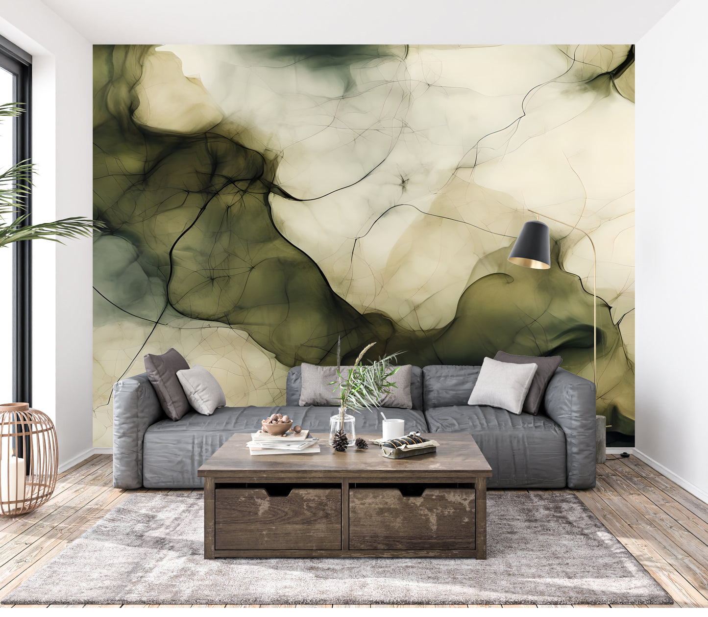 Olive Green Abstract Luxury Wallpaper Modern Fluid Wall Mural in Peel & Stick Canvas Vinyl or Non-Woven