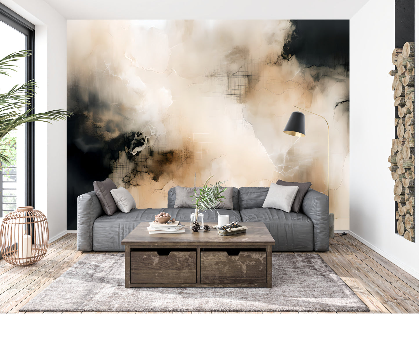 Neutral Abstract Wall Mural Modern Wallpaper in Peel & Stick Canvas Vinyl or Non-Woven