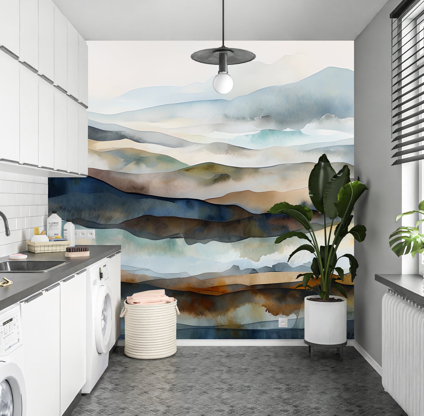 Blue Abstract Mountain Luxury Wallpaper Mural in Peel & Stick Canvas Vinyl or Non-Woven