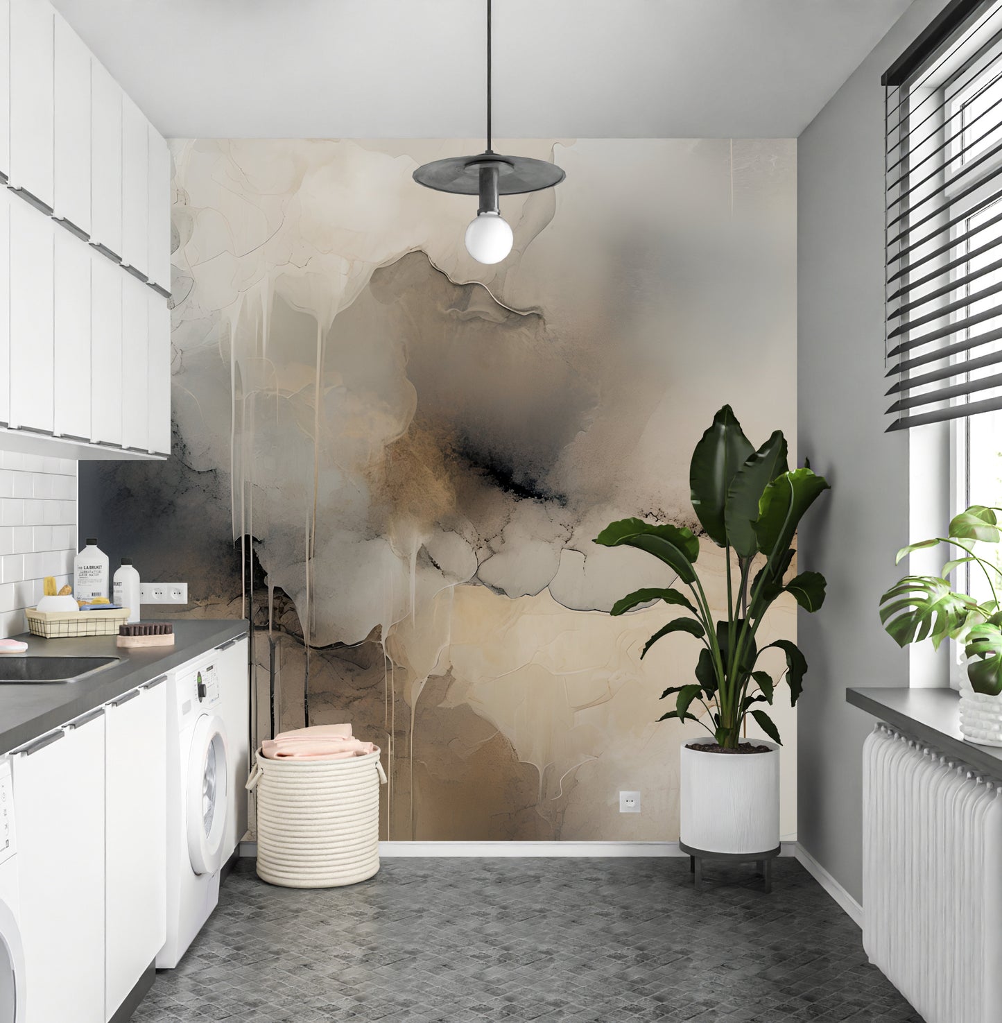 Neutral Drip Effect Abstract Wall Mural Modern Wallpaper in Peel & Stick Canvas Vinyl or Non-Woven