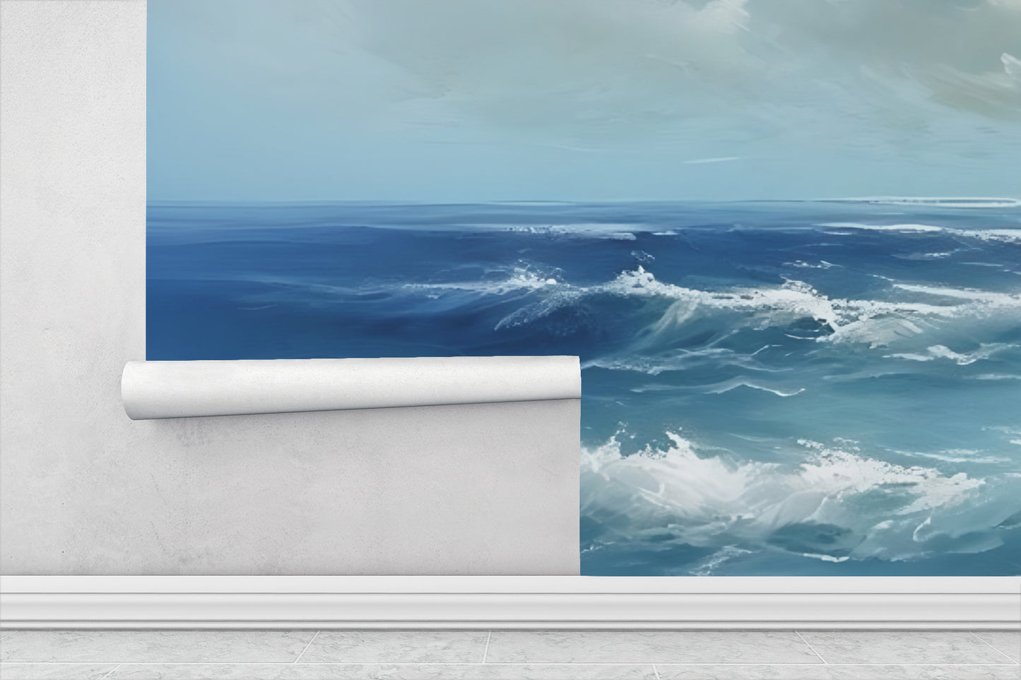 Soft Ocean Blue with Clouds Wallpaper Mural in Peel & Stick Canvas Vinyl or Non-Woven